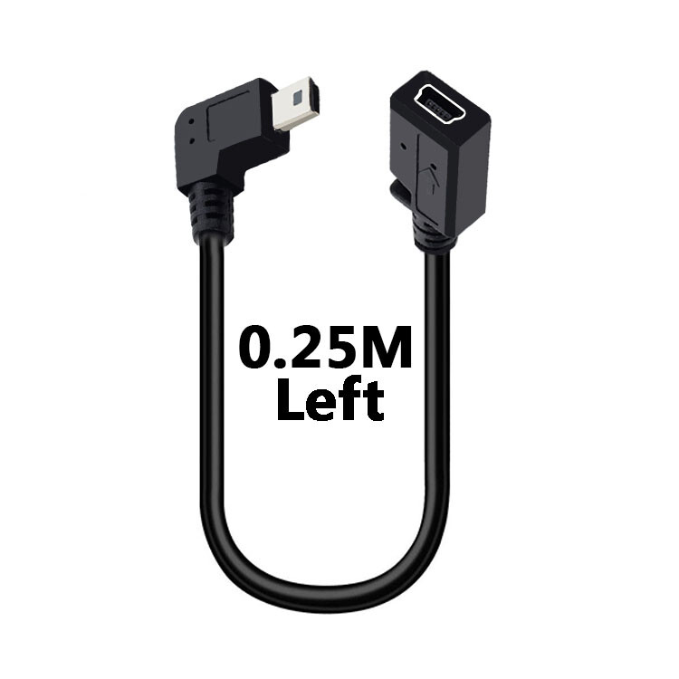 Mini USB kabelis 5 kontaktų vyriškas kištukas prie moteriško lizdo prailginimo duomenų adapterio laido kabelis stačiu kampu 90 laipsnių 25 cm laidas