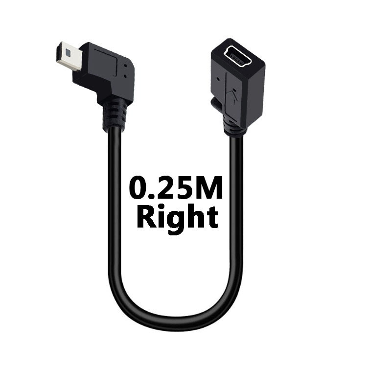 Mini USB kabelis 5 kontaktų vyriškas kištukas prie moteriško lizdo prailginimo duomenų adapterio laido kabelis stačiu kampu 90 laipsnių 25 cm laidas