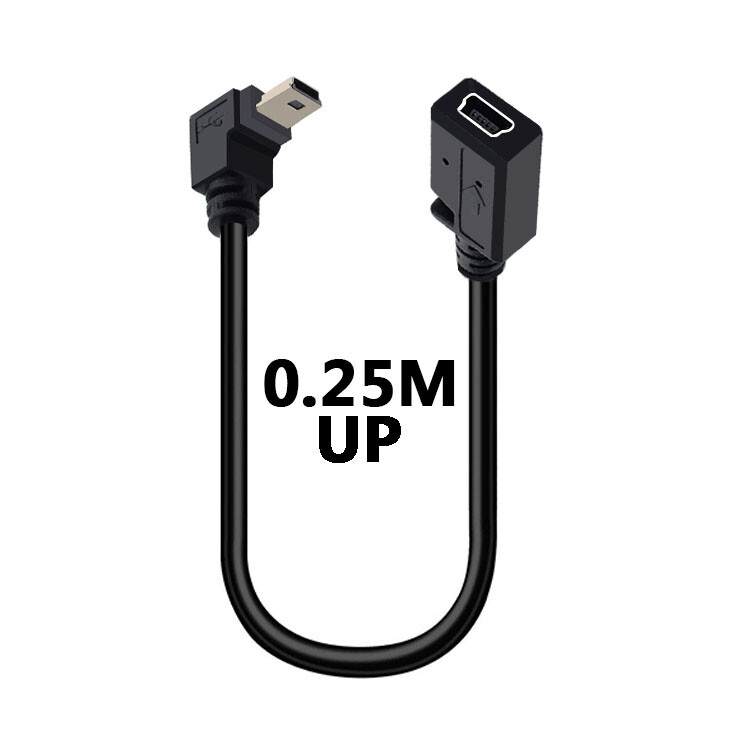 Mini USB kabelis 5 kontaktų vyriškas kištukas prie moteriško lizdo prailginimo duomenų adapterio laido kabelis stačiu kampu 90 laipsnių 25 cm laidas