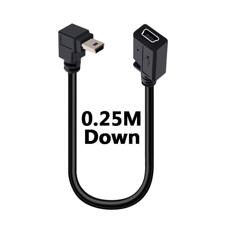 Mini USB kabelis 5 kontaktų vyriškas kištukas prie moteriško lizdo prailginimo duomenų adapterio laido kabelis stačiu kampu 90 laipsnių 25 cm laidas