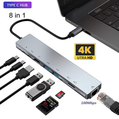 USB C dokstacijas centrmezgls Type-C Thunderbolt 3–4K UHD TF/SD karte USB 2.0 100 M RJ45 Ethernet LAN PD uzlādes 8 portu sadalītājs Macbook datoram