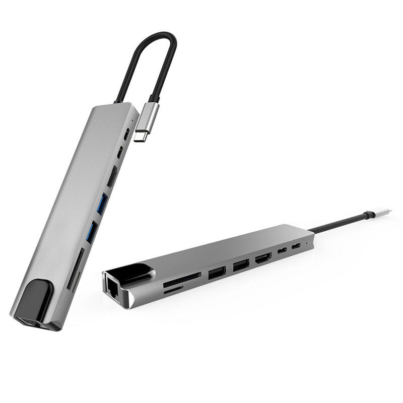 USB C Dock Hub Type-C Thunderbolt 3–4K UHD TF/SD kártya USB 2.0 100M RJ45 Ethernet LAN PD töltő 8 portos elosztó Macbookhoz