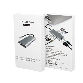 11-в-1 Type-C Hub към HDMI адаптер USB C Hub 4K Thunderbolt 3 TF SD Card Reader Slot PD за MacBook Air Pro M2 M1 Chip Hub