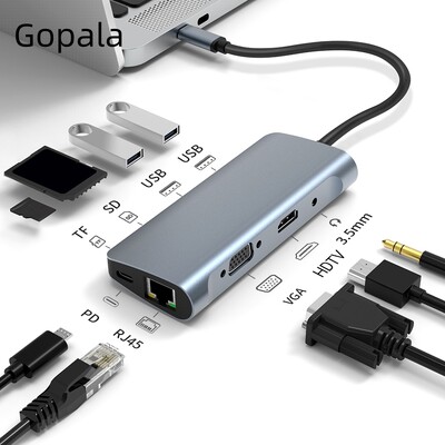 Gopala 9 σε 1 USB C Hub με 100W PD, HDMI 4K, USB 3.0 2.0, VGA, SD/TF Card Reader, 3,5mm Audio Jack Station