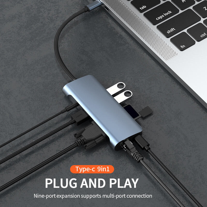 Gopala 9 v 1 USB C Hub so 100W PD, HDMI 4K, USB 3.0 2.0, VGA, čítačkou SD/TF kariet, dokovacou stanicou s 3,5 mm audio jackom
