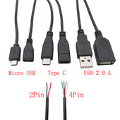 USB barošanas avota kabelis 2/4 kontaktu Micro USB/USB 2.0 A/C tipa vīrišķais kontaktdakšas vadu savienotājs DIY datu uzlādes pagarinātāja kabelis 30cm