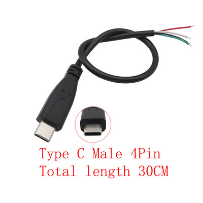 USB barošanas avota kabelis 2/4 kontaktu Micro USB/USB 2.0 A/C tipa vīrišķais kontaktdakšas vadu savienotājs DIY datu uzlādes pagarinātāja kabelis 30cm