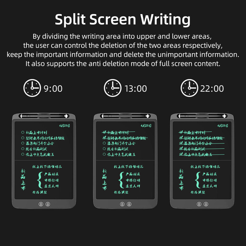12 colių skystųjų kristalų rašymo planšetinis kompiuteris elektroninė skaitmeninė piešimo lenta Itin plona rašymo kilimėlis, padalintas ekranas, trynimas vienu spustelėjimu su užrakinimo mygtuku