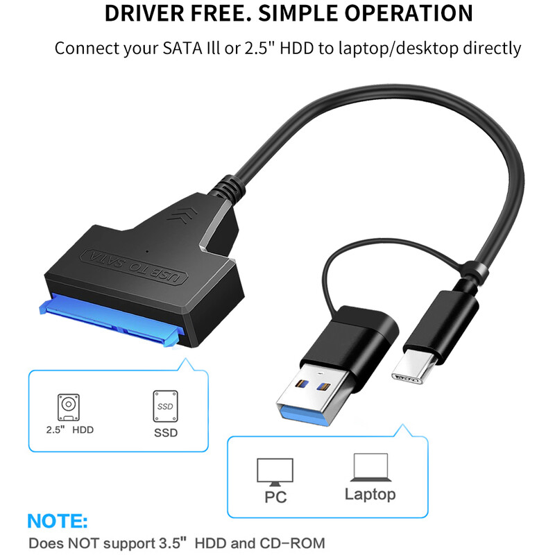 Kábel SATA na USB 3.0/Type-C/2 v 1 USB 3.0 Type-C s rýchlosťou až 6 Gb/s pre 2,5-palcový externý HDD SSD pevný disk, adaptér SATA 3 s 22-pinovým konektorom