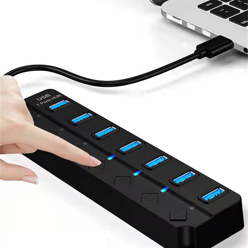 USB centrmezgls 3.0 Ātrgaitas vairāku USB sadalītāja adapteris 7 portu vairāku paplašinātāja centrmezgls ar slēdzi 100 cm garš datora piederuma kabelis
