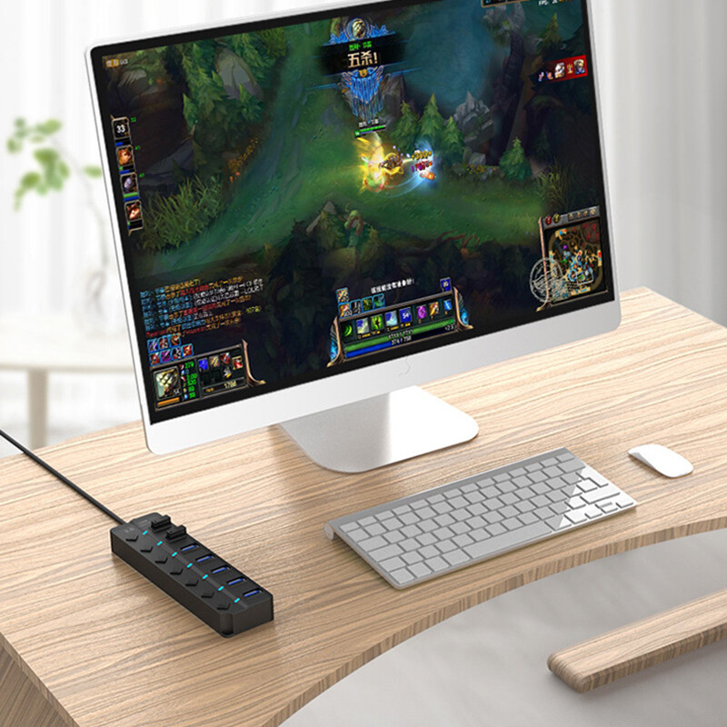 USB centrmezgls 3.0 Ātrgaitas vairāku USB sadalītāja adapteris 7 portu vairāku paplašinātāja centrmezgls ar slēdzi 100 cm garš datora piederuma kabelis