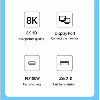 USB C към DP 3in1 Hub Type-C Thunderbolt3 към 8K@60Hz 4K@144Hz DisplayPort 1.4/USB/100W PD порт докинг станция за Mackbook Pro