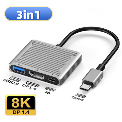 USB C na DP 3u1 Hub Type-C Thunderbolt3 na 8K@60Hz 4K@144Hz DisplayPort 1.4/USB/100W PD Port Docking Station za Mackbook Pro