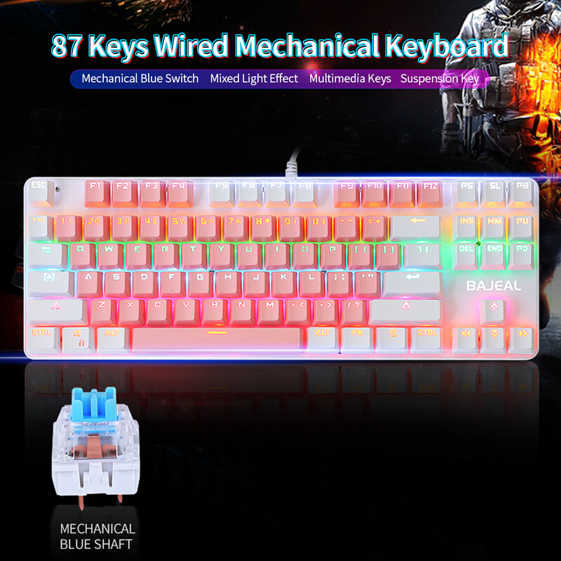 BAJEAL K100 87 klávesov Káblová herná mechanická klávesnica so zmiešaným osvetlením a modrým tlačidlom zavesenia pre PC