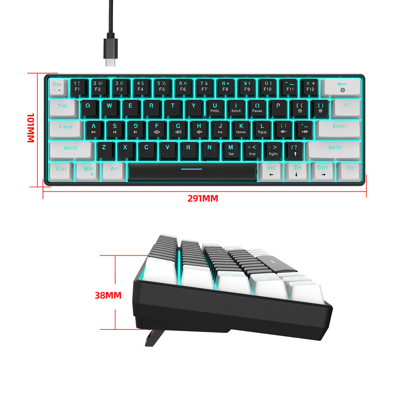 Mechanická klávesnica HXSJ V900, mini USB, 61-klávesová herná klávesnica, modrý prepínač, RGB podsvietenie, káblová herná klávesnica pre počítač PC