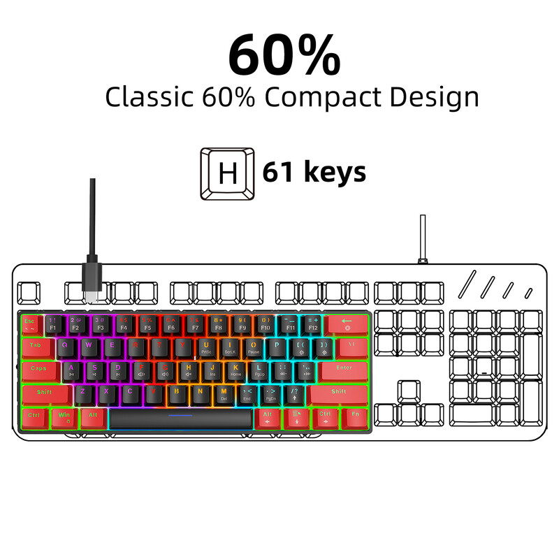 Mechanická klávesnica HXSJ V900, mini USB, 61-klávesová herná klávesnica, modrý prepínač, RGB podsvietenie, káblová herná klávesnica pre počítač PC