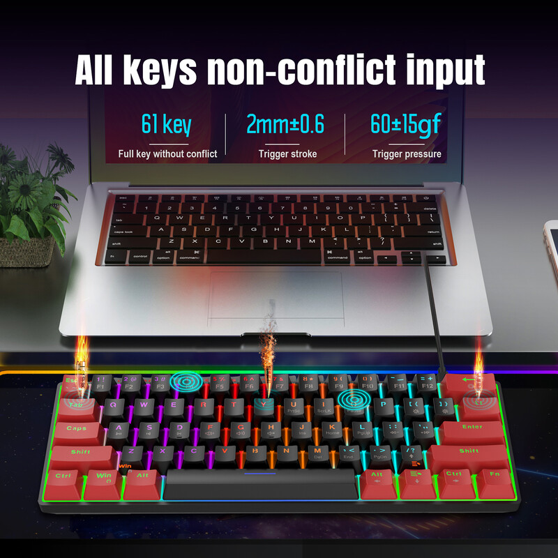 Mechanická klávesnica HXSJ V900, mini USB, 61-klávesová herná klávesnica, modrý prepínač, RGB podsvietenie, káblová herná klávesnica pre počítač PC