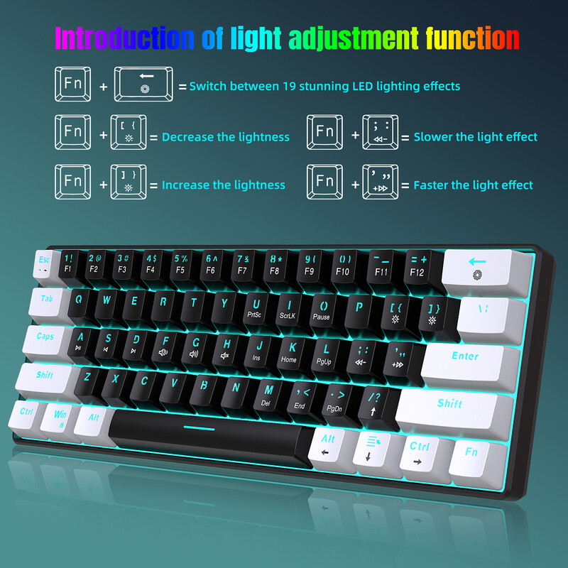Mechanická klávesnica HXSJ V900, mini USB, 61-klávesová herná klávesnica, modrý prepínač, RGB podsvietenie, káblová herná klávesnica pre počítač PC