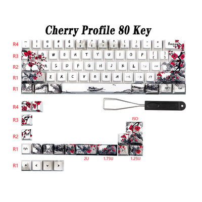 Nemecké, francúzske, španielske, ISO Dye Sub klávesy, Plum Blossom 80 klávesov, čerešňový profil, klávesy pre QWERTZ AZERTY 61 64 67 68 klávesov