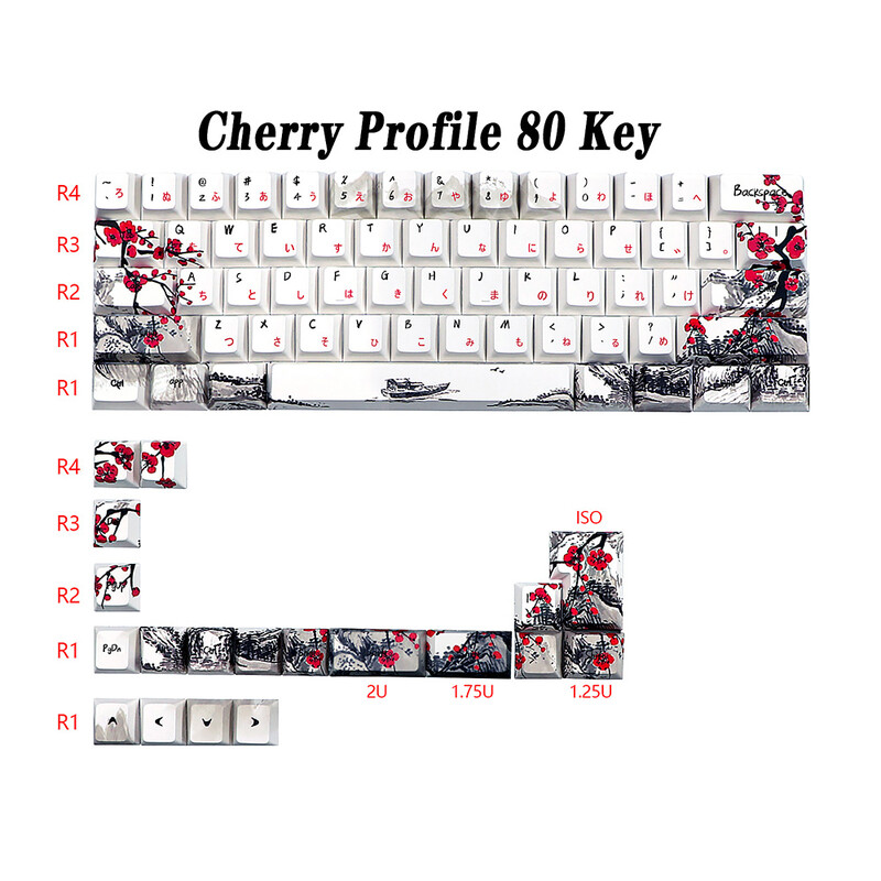 Nemecké, francúzske, španielske, ISO Dye Sub klávesy, Plum Blossom 80 klávesov, čerešňový profil, klávesy pre QWERTZ AZERTY 61 64 67 68 klávesov