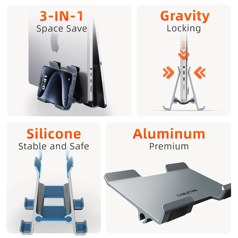 CABLETIME Vertikāls klēpjdatora statīva gravitācijas turētājs Alumīnija sakausējuma statīvs Neslīdošs piezīmjdatora atbalsts MacBook Pro Air iphone turētājam