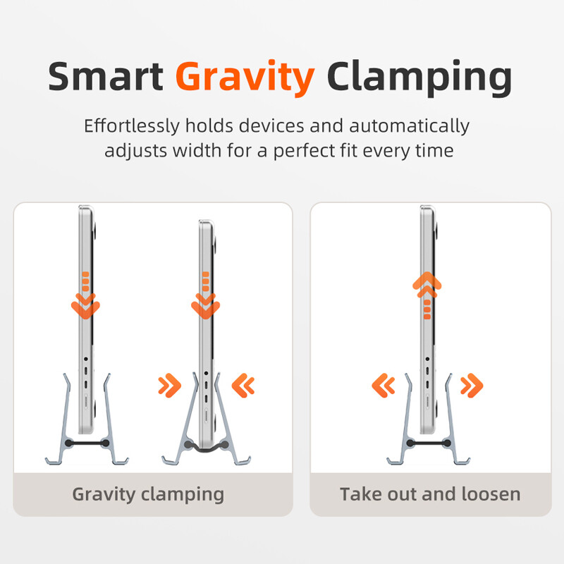 CABLETIME Vertikāls klēpjdatora statīva gravitācijas turētājs Alumīnija sakausējuma statīvs Neslīdošs piezīmjdatora atbalsts MacBook Pro Air iphone turētājam