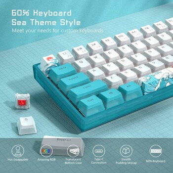 Womier WK61 60% геймърска механична клавиатура Гореща смяна Клавиатура Blue Sea RGB Wire Pudding PBT Keycap Червен превключвател Клавиатура