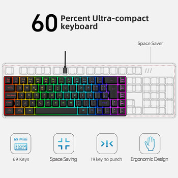 HXSJ Spanish Keyboard V200 Wired K68 RGB Streamer Mini Gaming πληκτρολόγιο 19-πλήκτρων χωρίς σύγκρουση μεμβράνης Μηχανική αίσθηση