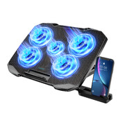 COOLCOOLD Pad de răcire pentru laptop pentru suport de răcire pentru laptop de 12-17 inchi, 5 ventilatoare silențioase, 5 unghiuri reglabile cu suport pentru telefon