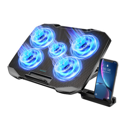 COOLCOOLD Pad de răcire pentru laptop pentru suport de răcire pentru laptop de 12-17 inchi, 5 ventilatoare silențioase, 5 unghiuri reglabile cu suport pentru telefon