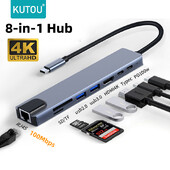 KUTOU USB C 8 In 1 Hub Type C Splitter 100W Quick Charge Docking Station Sülearvuti adapter Macbook Air M1 iPad Pro RJ45 HDMI jaoks