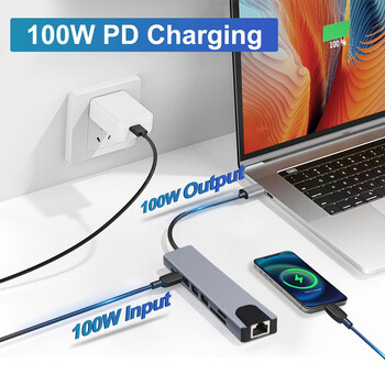 KUTOU USB C 8 In 1 Hub Type C Splitter 100W Quick Charge Docking Station Προσαρμογέας φορητού υπολογιστή για Macbook Air M1 iPad Pro RJ45 HDMI