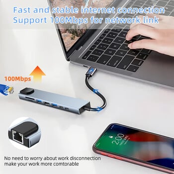 KUTOU USB C 8 In 1 Hub Type C Splitter 100W Quick Charge Docking Station Προσαρμογέας φορητού υπολογιστή για Macbook Air M1 iPad Pro RJ45 HDMI