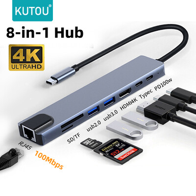 KUTOU USB C 8 In 1 Hub Type C sadalītājs 100 W ātrās uzlādes dokstacijas klēpjdatora adapteris Macbook Air M1 iPad Pro RJ45 HDMI