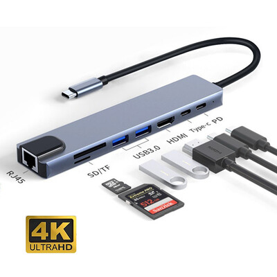 KUTOU USB C 8 In 1 Hub Type C Splitter 100W Quick Charge Docking Station Sülearvuti adapter Macbook Air M1 iPad Pro RJ45 HDMI jaoks