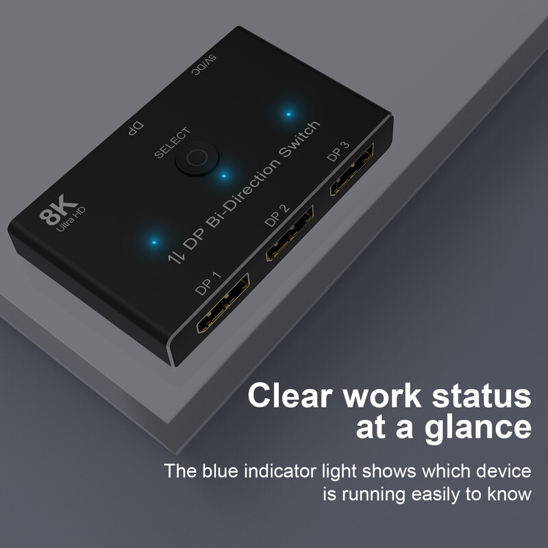 3 prievadų 8K DisplayPort jungiklio skirstytuvas 1x3 dvikryptis DP 1.4 jungiklis 8K@60Hz 4K@144Hz, skirtas perjungti kelis šaltinius ir ekraną