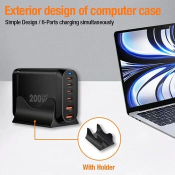 200W GaN 6-port USB Type C PD Charger Зарядно за настолен телефон QC3.0 за iPhone 15 Samsung Xiaomi Fast Charger Мобилно USB зарядно устройство