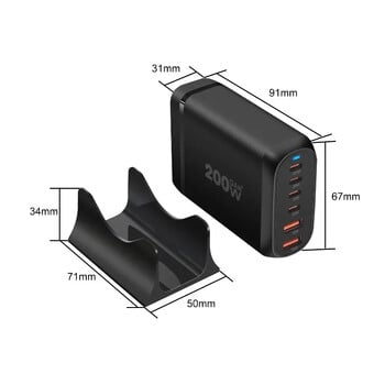 200W GaN 6-port USB Type C PD Charger Зарядно за настолен телефон QC3.0 за iPhone 15 Samsung Xiaomi Fast Charger Мобилно USB зарядно устройство