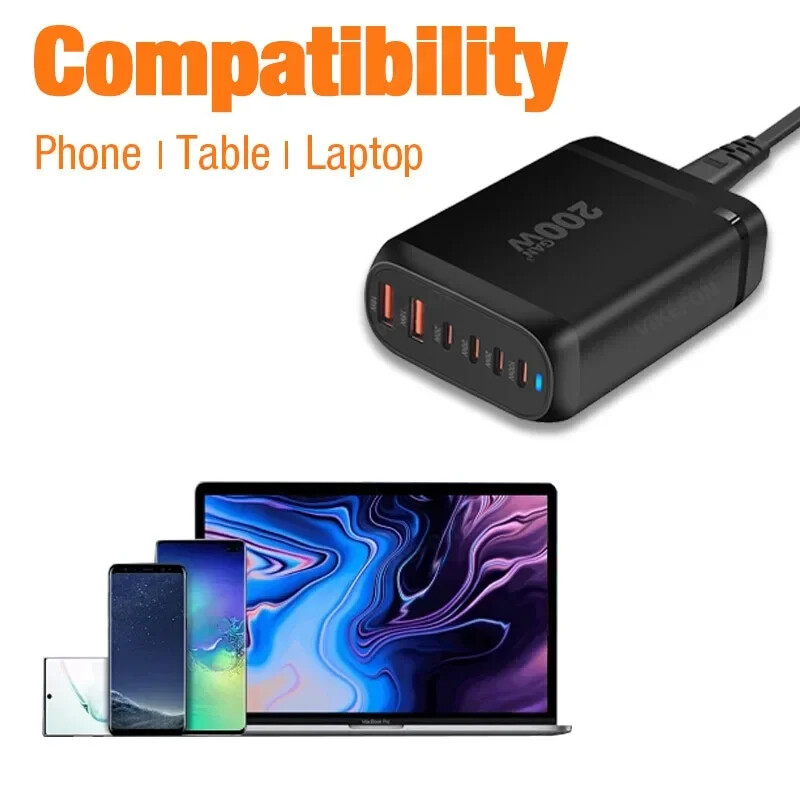 200W GaN 6 porturi USB Tip C PD Incarcator Incarcator telefon de birou QC3.0 pentru iPhone 15 Samsung Xiaomi Incarcator rapid Incarcator USB mobil