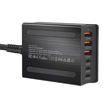 USB C Fast Charging 200W 6-Port Charging Station Hub Compact Φορτιστής GaN με τροφοδοτικό για iPhone Samsung Xiaomi Huawei