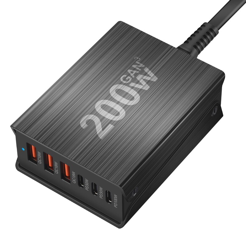 USB C gyorstöltő 200 W 6 portos töltőállomás hub kompakt GaN töltő tápadapterrel iPhone Samsung Xiaomi Huawei telefonhoz