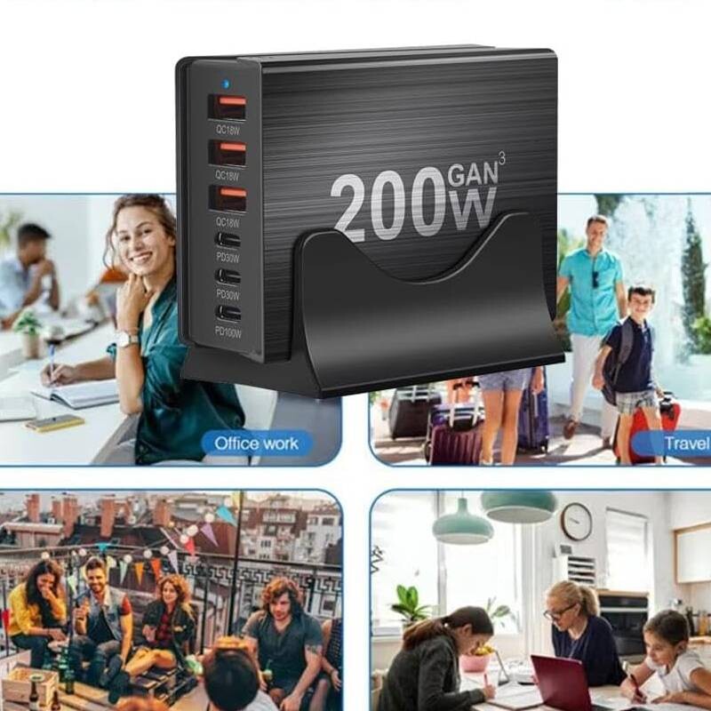 USB C gyorstöltő 200 W 6 portos töltőállomás hub kompakt GaN töltő tápadapterrel iPhone Samsung Xiaomi Huawei telefonhoz