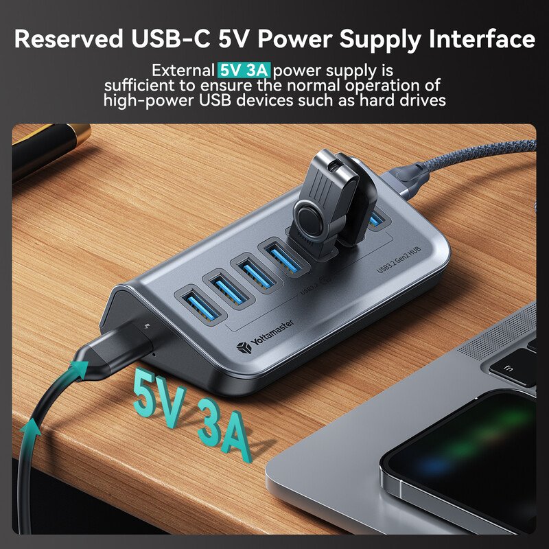 Yottamaster USB-C 3.2 Hub 7 prievadų USB šakotuvas Maitinamas 5V/3A USB 3.2 Gen2 10Gbps duomenų šakotuvas nešiojamiesiems kompiuteriams Surface Pro nešiojamiesiems standžiiesiems diskams