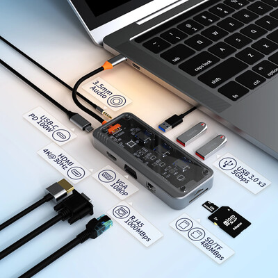 USB C šakotuvas 10 viename C tipo prijungimo stotelė į PD HD-MI USB3.0*3 SD TF ethernet RJ45 1000M VGA AUDIO 3,5 mm Skirta MacBook M1 M2