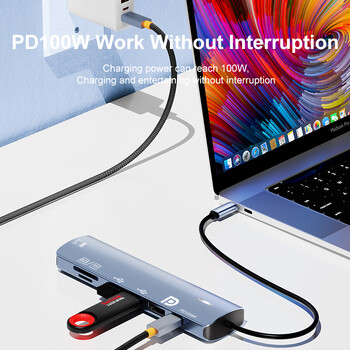 Тип C HUB с Displayport, PD100W, Ethernet, 2 USB порта, SD/TF мултипорт 7-в-1 USB към DP адаптер Докинг станция Донгъл