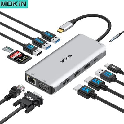 MOKiN USB C HUB dokkoló állomás 4K 60Hz C típusú dual HDMI VGA RJ45 USB 3.0 PD 100W adapter Macbook Air Pro iPad Pro M2 M1-hez