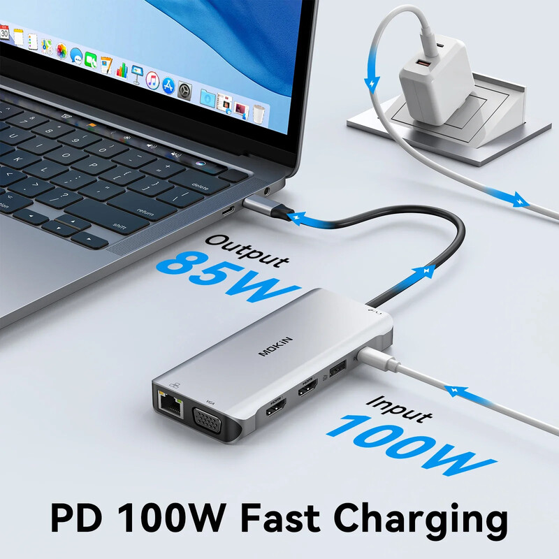 MOKiN USB C HUB dokkoló állomás 4K 60Hz C típusú dual HDMI VGA RJ45 USB 3.0 PD 100W adapter Macbook Air Pro iPad Pro M2 M1-hez