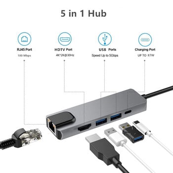 Trumsoon USB C хъб към RJ45 Lan 4K HDMI-съвместим USB 3.0 тип C PD докинг станция за MacBook iPad Samsung S21 Dex TV лаптоп мишка