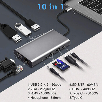 USB 3.0 Type C HUB USB C Докинг станция към HDMI 4K 30HZ Type C към RJ45 1000Mbps Ethernet адаптер VGA Extender Слушалки PD 100W