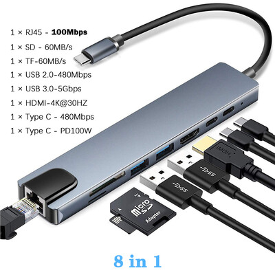 USB 3.0 HUB typu C Dokovacia stanica USB C na HDMI 4K 30HZ typ C na RJ45 1000 Mbps Ethernet adaptér VGA extender slúchadlá PD 100W